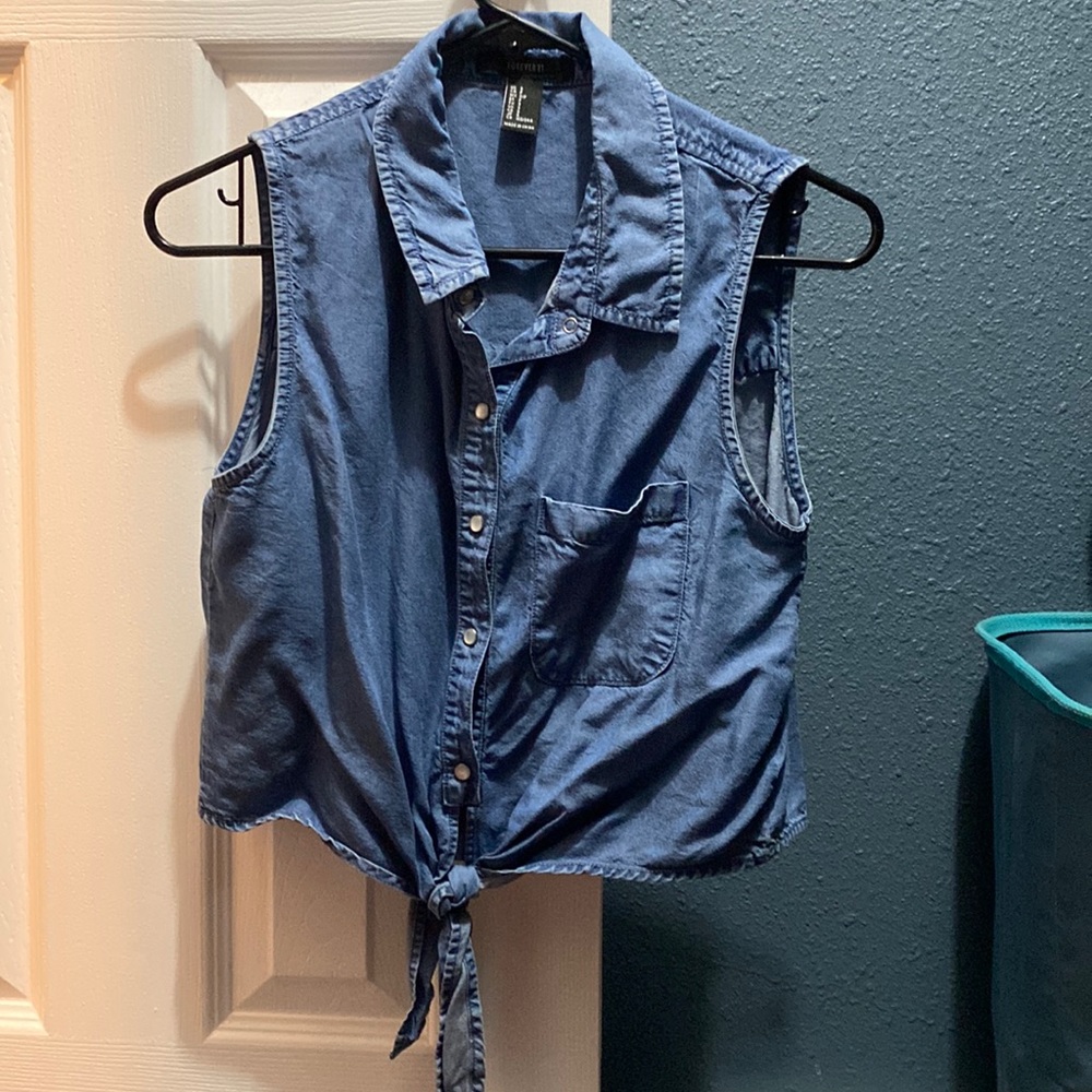 Denim button up tank with tie bottom